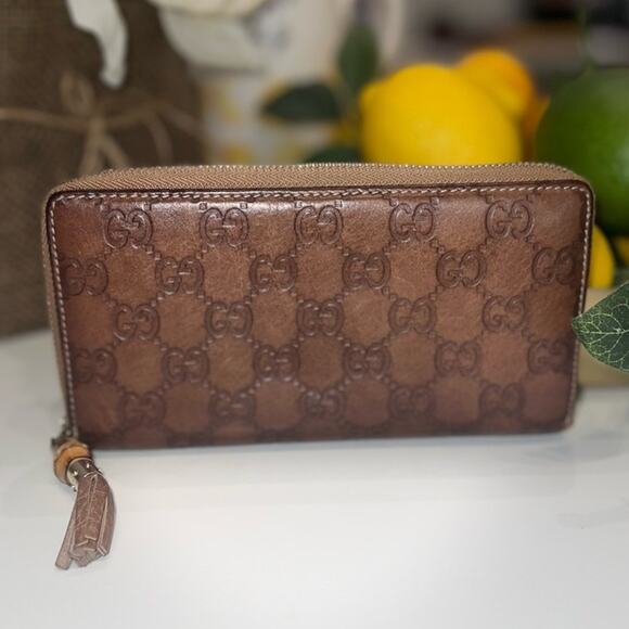 Authentic GG GUCCI Bamboo Brown Leather Tassel Zippy Long Wallet - Picture 1 of 8